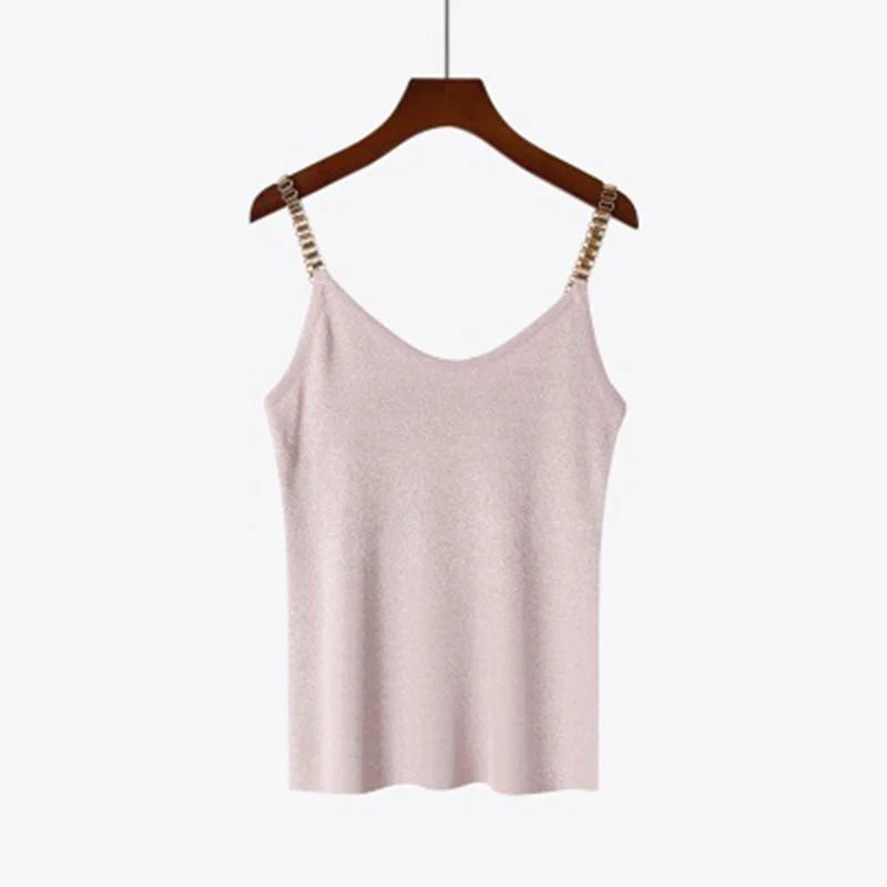 Light Pink Женский короткий топ, сексуальный женский вязаный Топ, короткий топ с лямкой через шею,, летний сексуальный белый топ без рукавов, Тонкий блестящий люрекс - Цвет: Light Pink