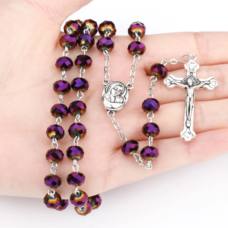 

2018 Catholic 6*8MM Purple Glass Beads Five Years Rosary Necklace Madonna with Children Center Oxidation Metal Cross