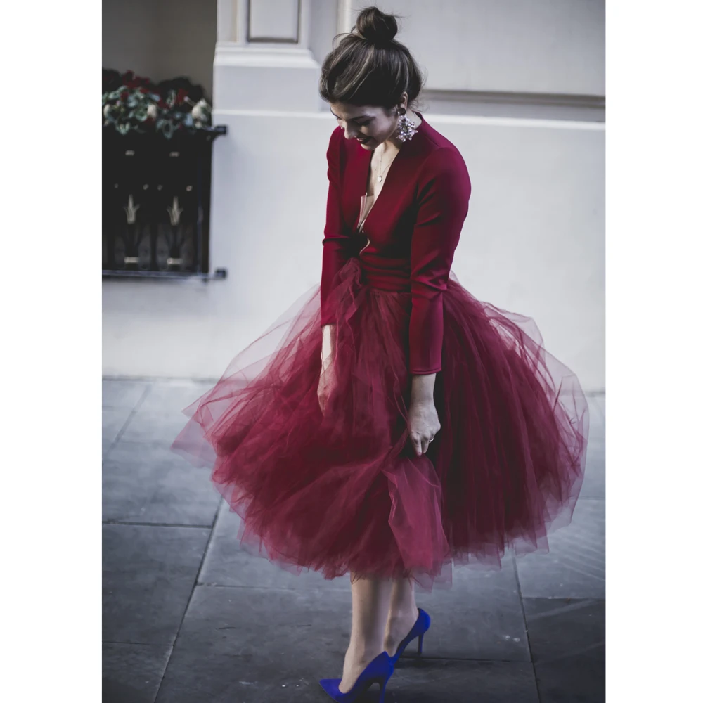 Burgundy Mid Tulle Tutu Skirts A-line Women Customized Colorful Womens Saia Slirt Skirt saia faldas | Женская одежда