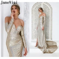 janevini sparkle champagne sequin evening dress dubai mermaid sexy long sleeve evening gown backless arabic women formal dresses