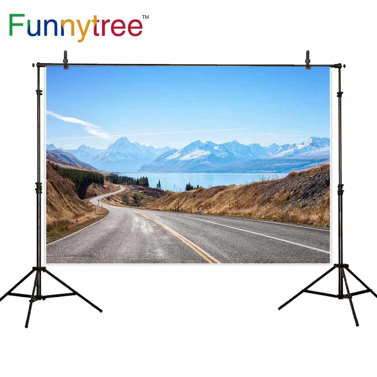 Фоны Funnytree для фотостудии дорога гора озеро природный вид голубое небо