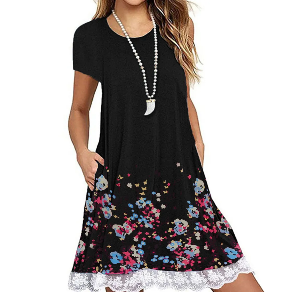 Женское платье с кружевом винтажное Повседневное круглым вырезом и принтом