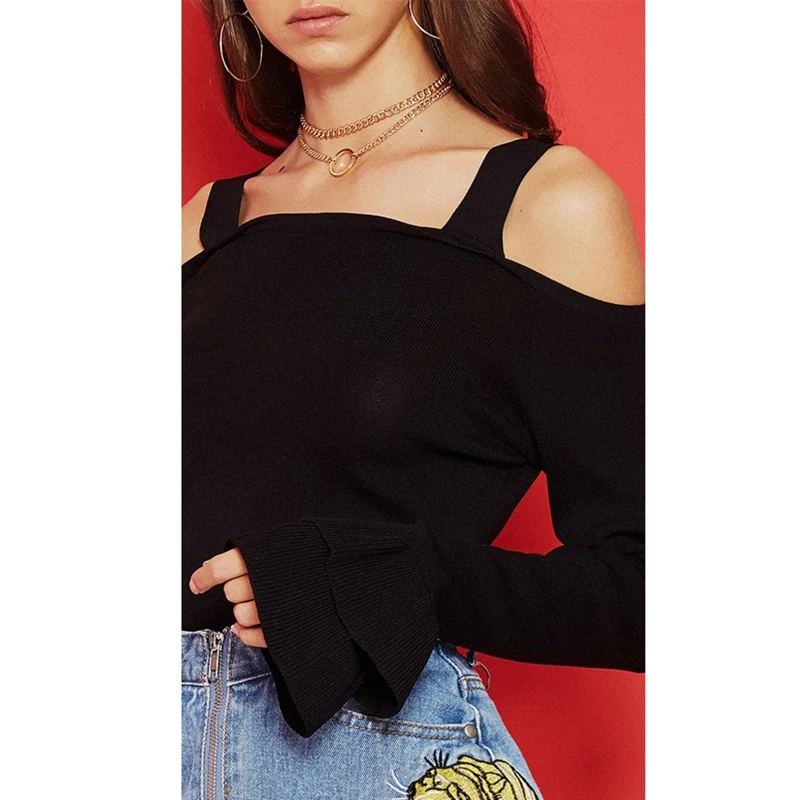 Richkoko 2017 Для женщин Свитеры для сплошной черный пуловер Сексуальная Flare Long Sleeve Cold
