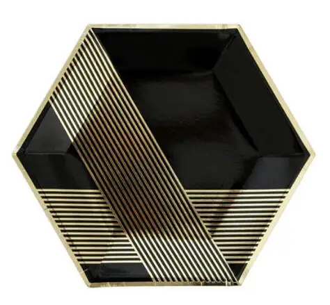 

Free Shipping 48pcs 9 inches Hexygon Black and Gold Foil Paper Plates for Party