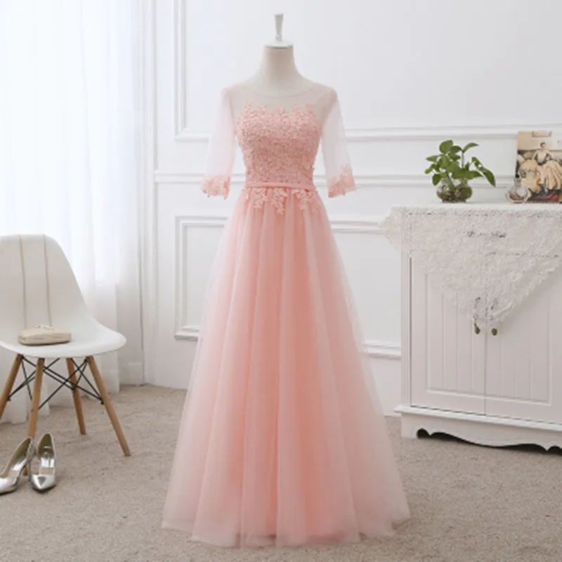 Pink long Халат de soiree цвета шампанского из кружева, с вырезом на шее прозрачная вышивка трапециевидной формы длинное вечернее платье vestido de festa вечернее платье для выпускного вечера - Цвет: Pink long