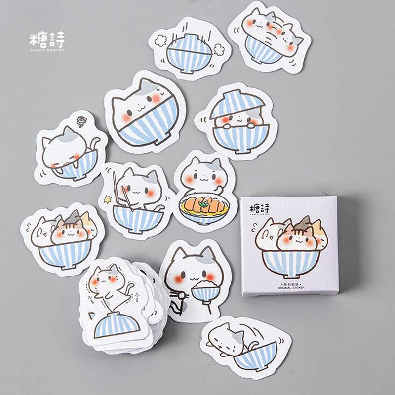 

45pcs/pack Square Cute Kawaii Cat & Bowl Mini Adhesive Stickers Scrapbooking Diary Album Stick Label Paper DIY Decor