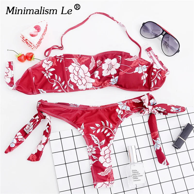 Minimalism Le 2018 Sexy Women Bikini Set Halter Swimsuit Print Swimwear Brazilian Bikinis Floral Beach Wear Female Biquini |