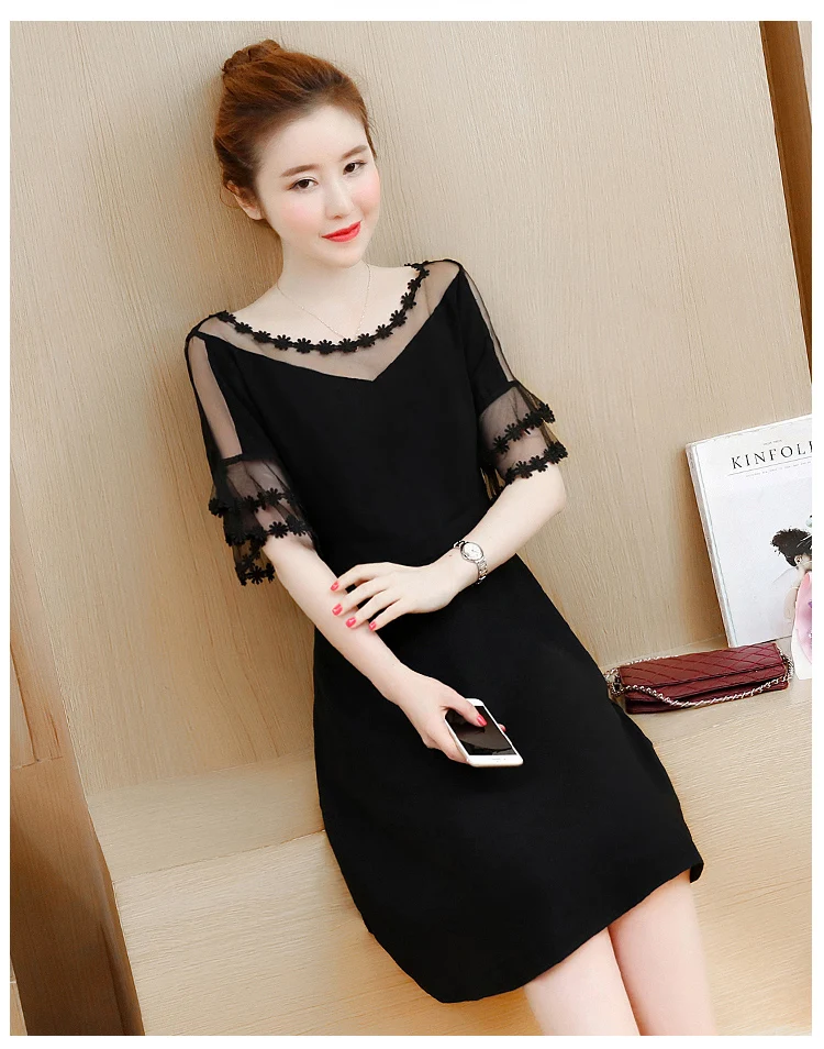 New Summer Big Size Dresses Women Mesh Lace Pathwork Short Flare Sleeve Black Dress Plus 2xl 3xl 4xl 5xl Vestidos De Festa | Женская