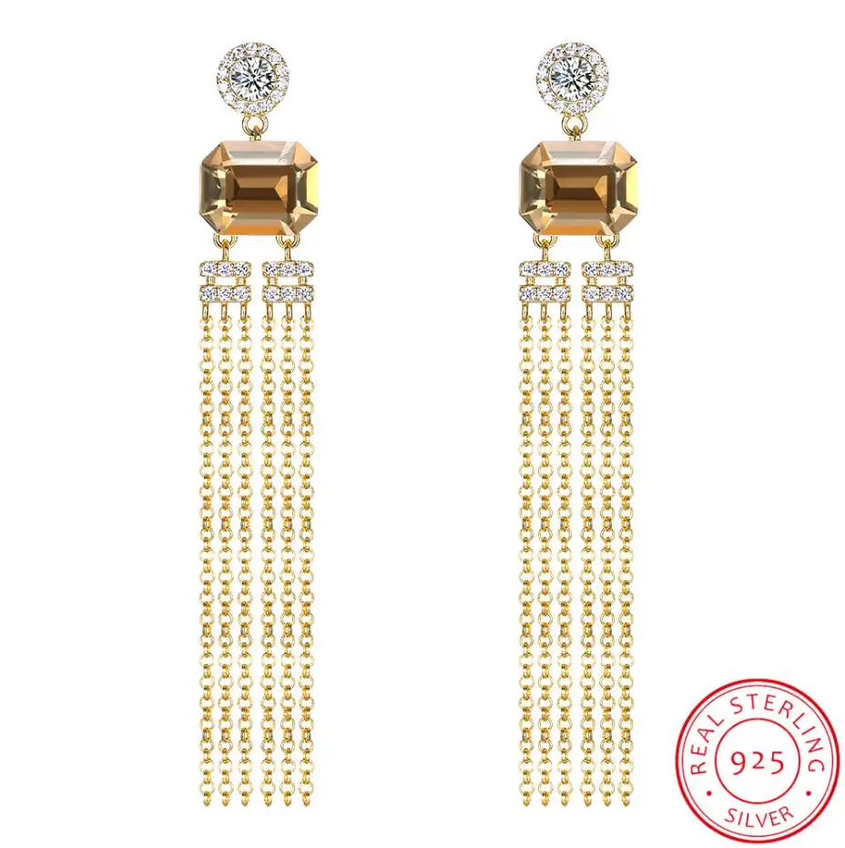 Gold Серьги с кристаллами Swarovski, висячие серьги для женщин, висячие серьги из серебра S925 пробы, для девочек, Розовые ювелирные украшения, модные кисточки - Цвет камня: Gold