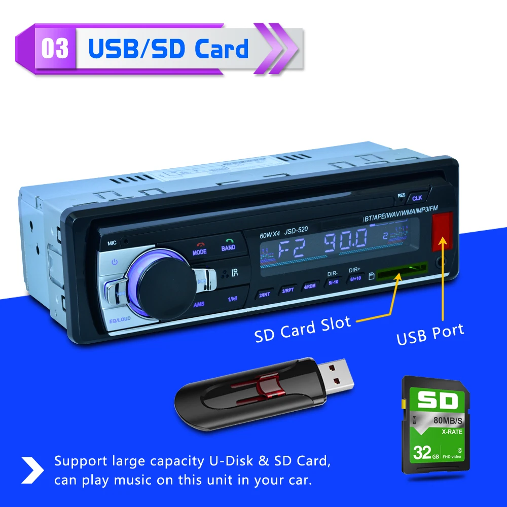 Новый JSD-520 Bluetooth 2 0 Стерео Авторадио автомобильное радио 12V In-dash 1 Din FM Aux вход