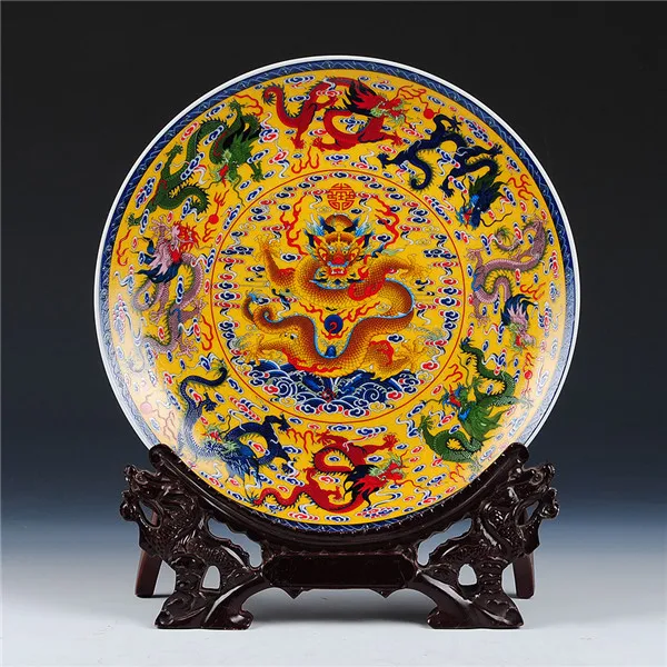 dragon hook plate Fengshui художественная керамическая декоративная тарелка древний Китай девять драконов украшение деревянная основа фарфоровый Традиционный китайский набор тарелок - Цвет: dragon hook plate