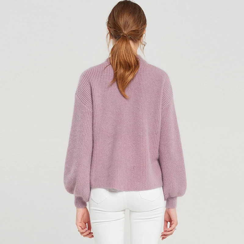 MakeUchic Women Solid White/Purple Sweater Hollow Out Turtleneck Lantern Sleeve Lace Up Cross Knitted Casual Female Pullovers | Женская