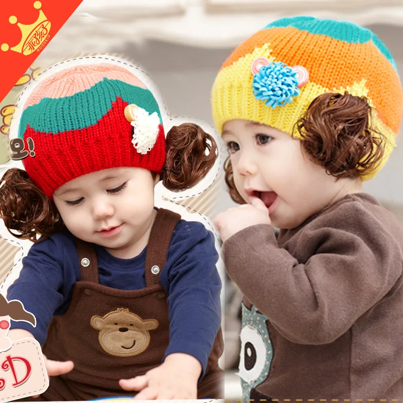 Winter Children Headwear Baby autumn winter hat boys girls child knitted kids cute wig bonnet children products | Детская одежда и