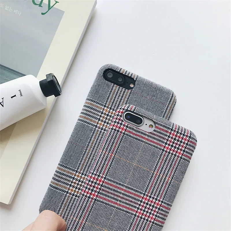 Тёплый тканевый плюшевый чехол LUDI для телефона iPhone 8 Plus простой клетчатый мягкий