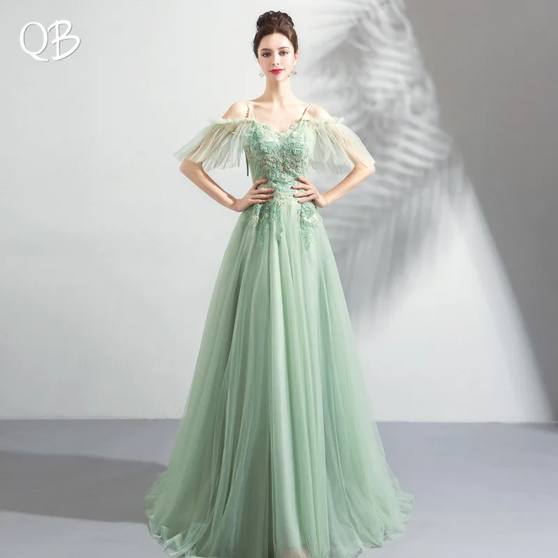

Green A-line Sequins Tulle Lace Flowers Beaded Long Formal Elegant Evening Dresses Bride Banquet Party Prom Dress XK76