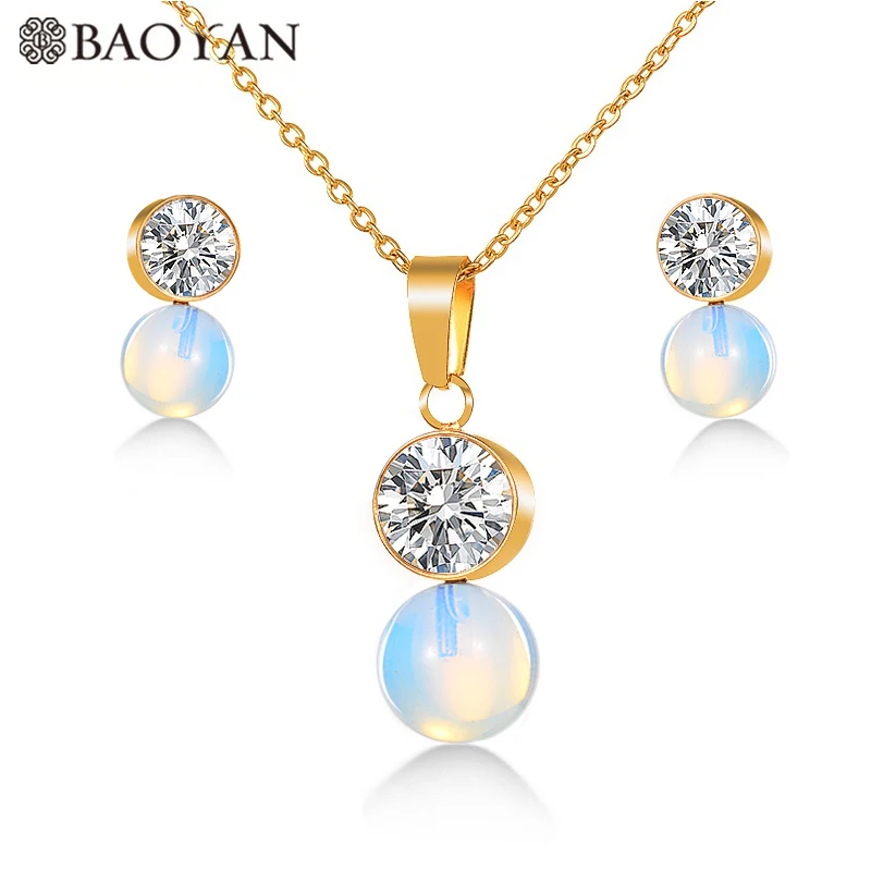 BAOYAN Элегантный Золотой Серебряный Chian 8 цветов круглая Хрустальная жемчужная подвеска женское ожерелье из нержавеющей стали ювелирный набор для женщин