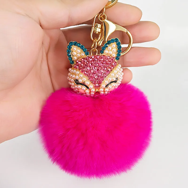 

Cute Fox Key Chains Handmade Rabbit Fur Pompom Ball Inlaid Rhinestone Bag Pendants Decoration Jewelry Charms Keychains