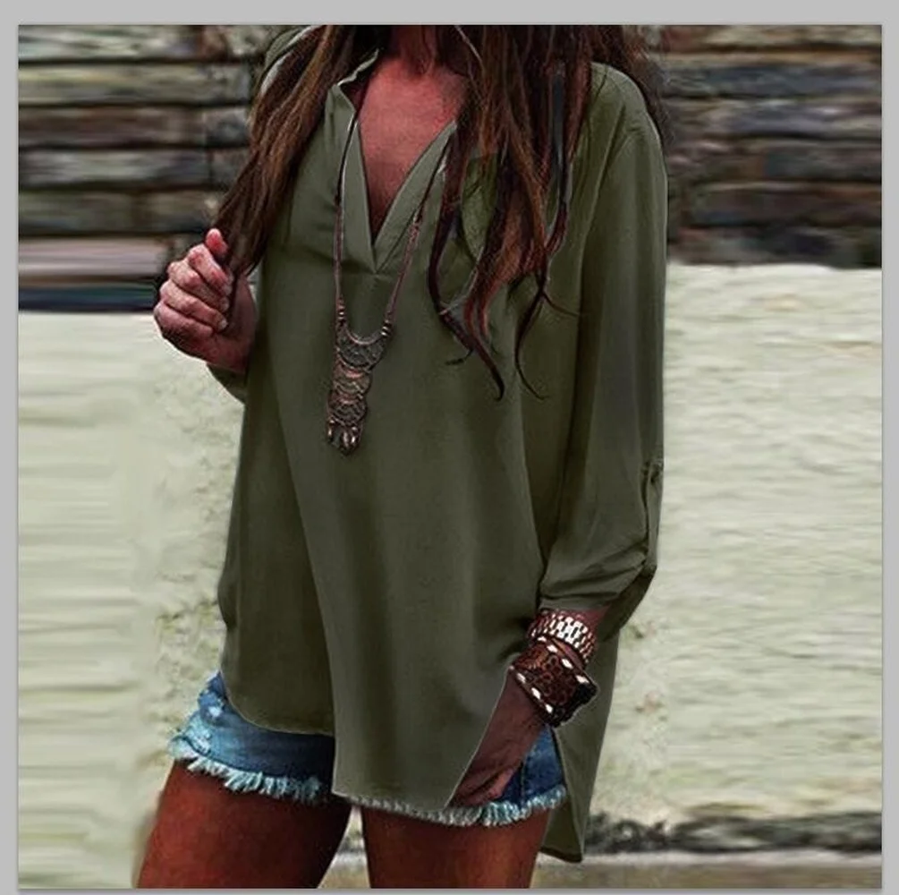 

Women Causal Loose Long Sleeve Shirt Tops Chiffon Sexy Deep V-neck Pullover Blouse Ladies Fashion Summer Long shirts Plus Size