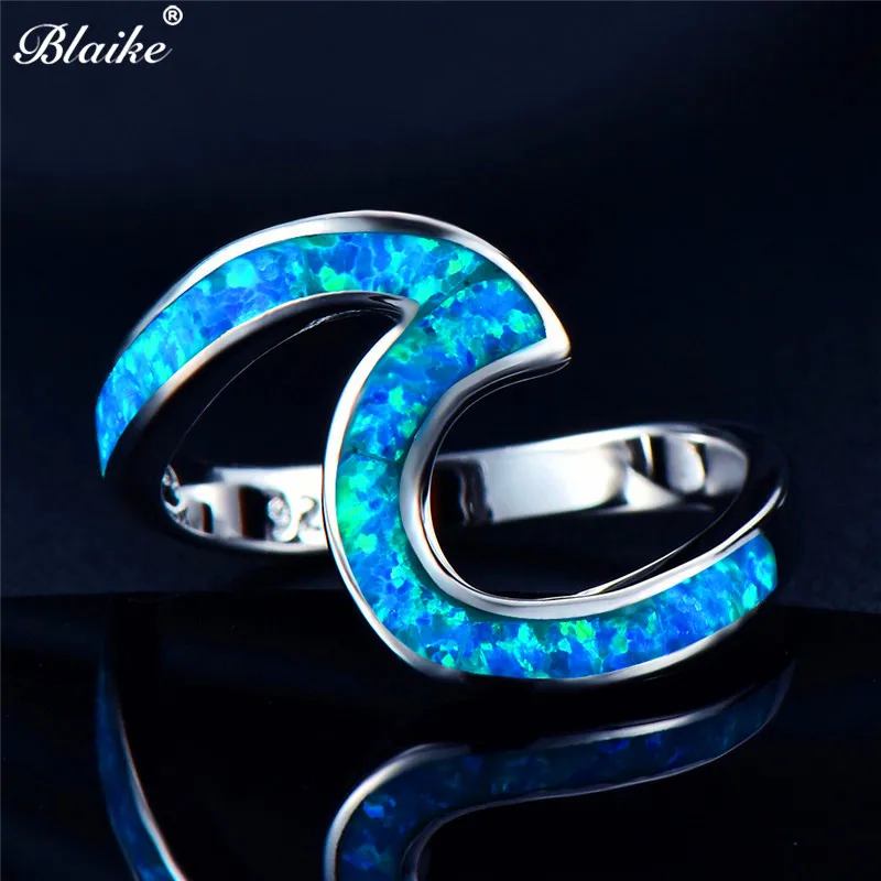 Blaike 925 пробы серебряные кольца для женщин простой синий/зеленый/оранжевый огненный опал кольцо ювелирные изделия Свадебные подарки подруге - Цвет основного камня: Blue