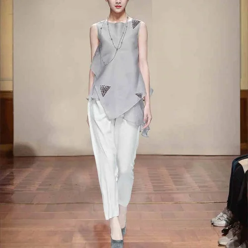 top and pant Лето, Европейский Стиль, Модный комплект из 2 предметов, тяжелый вышитый бисером жилет, рубашка и штаны в горошек, женские вечерние платья - Цвет: top and pant