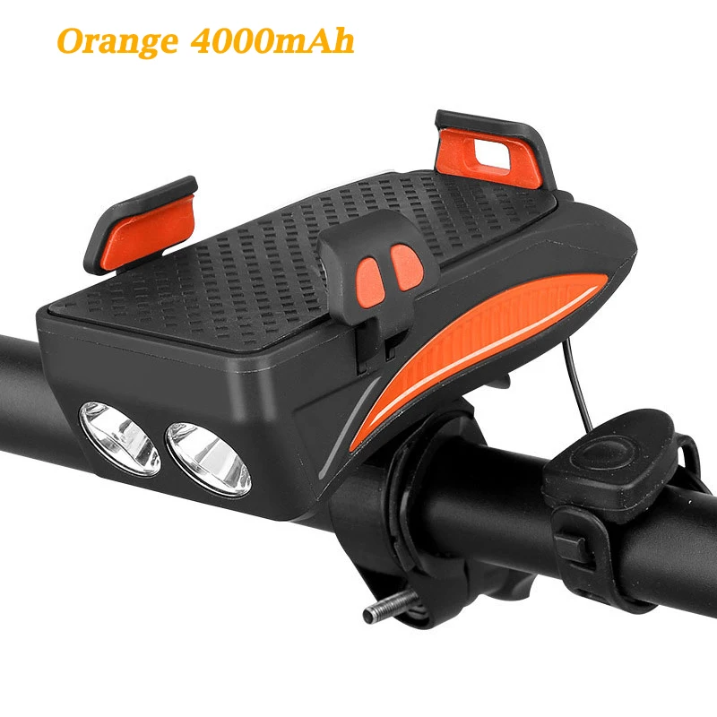 Orange 4000mAh Многофункциональная Передняя велосипедная лампа, USB велосипедный светильник, встроенный аккумулятор 2000 мАч/4000 мАч с держателем для телефона+ велосипедный рожок - Цвет: Orange 4000mAh
