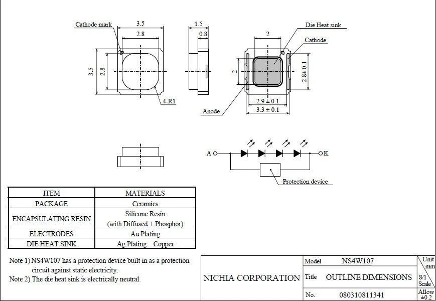 NICHIA SMD СВЕТОДИОДНЫЙ 3535 NS4W107T холодный белый вспышка применение керамический металл