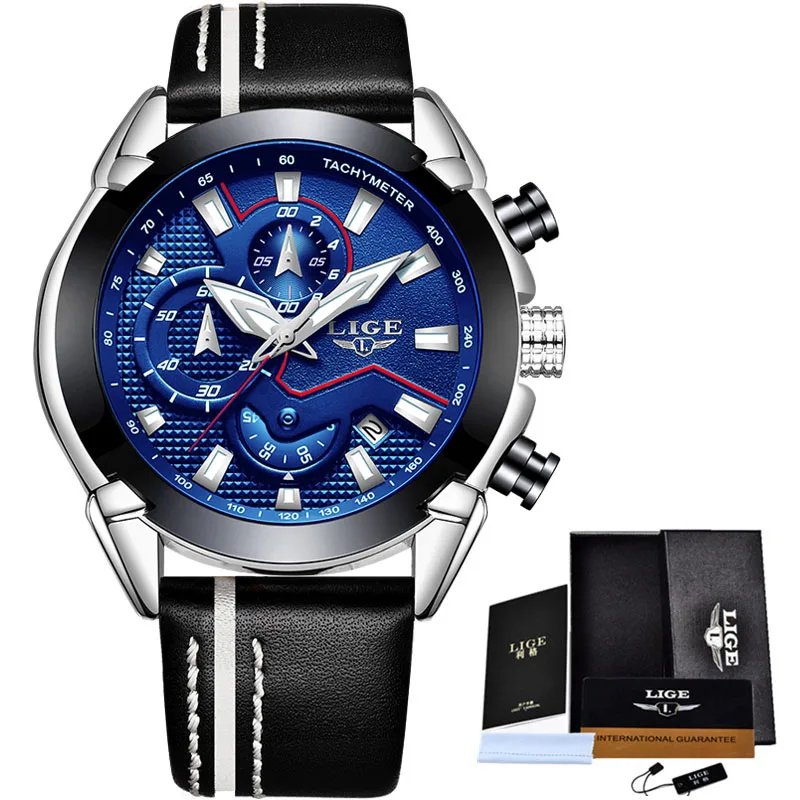 silver blue Relogio Masculino New LIGE спортивный хронограф мужские часы лучший бренд роскошные кожаные Водонепроницаемый Дата кварцевые часы человек часы - Цвет: silver blue