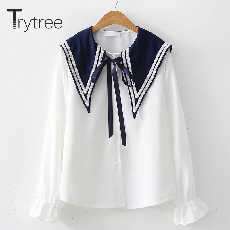 Ttytree/осенние блузки, Повседневная рубашка для женщин, полиэстер, воротник Питер Пэн, бант, Бабочка, рукав, однобортный, милые топы, рубашки