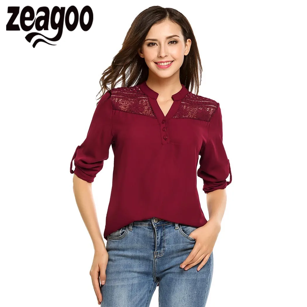 Zeagoo 2018 Summer Autumn Women V-Neck Sleeve ladies Fashion Elegant Blouses Lace Patchwork Blouse Shirt Casual Top |