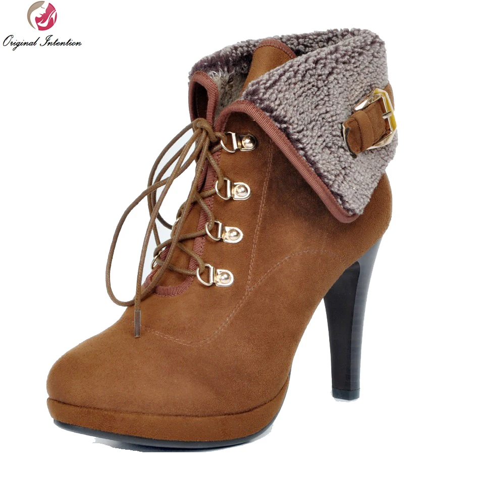 

Original Intention New Concise Women Ankle Boots Nice Platform Thin Heels Cool Brown Grey Shoes Woman Plus US Size 4-15