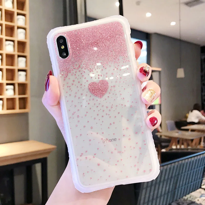 Блестящий Прозрачный чехол для телефона с милым сердечком для iPhone X XS XR XS Max 6 6S 7 8 Plus для iPhone 11 11 Pro Max XR