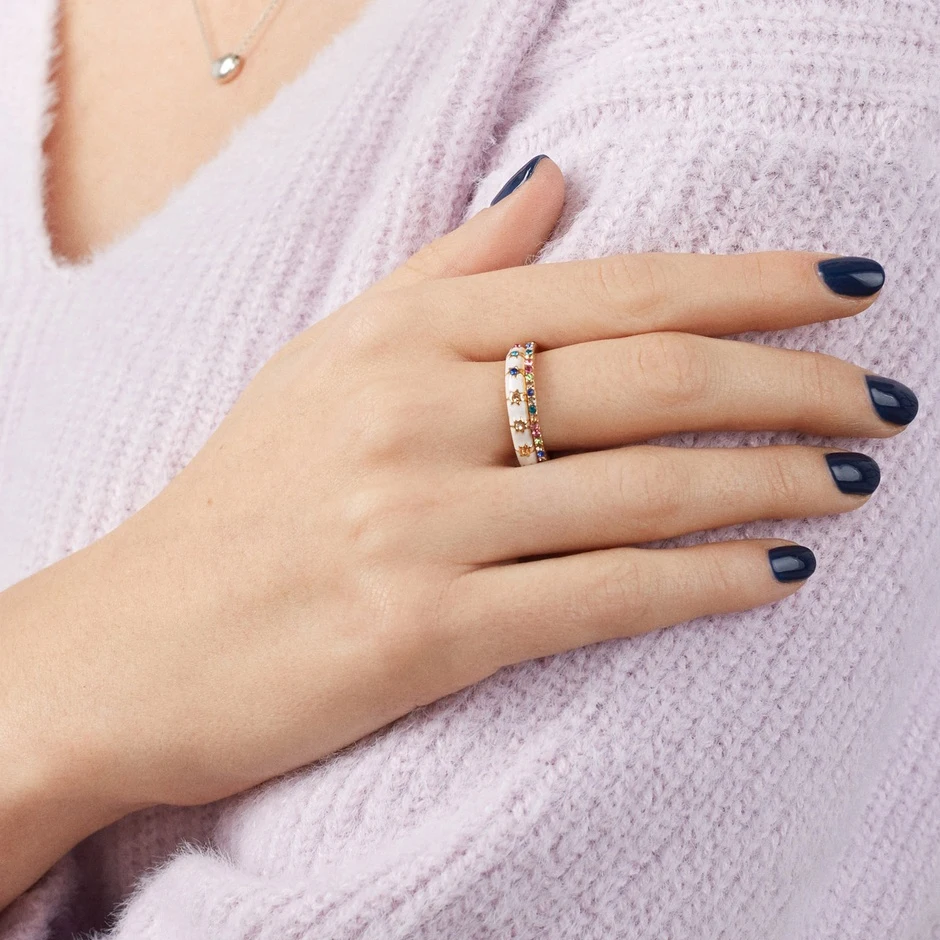 2021 Позолоченные белые эмалевые радужные блестящие мини-кольца с кубическим