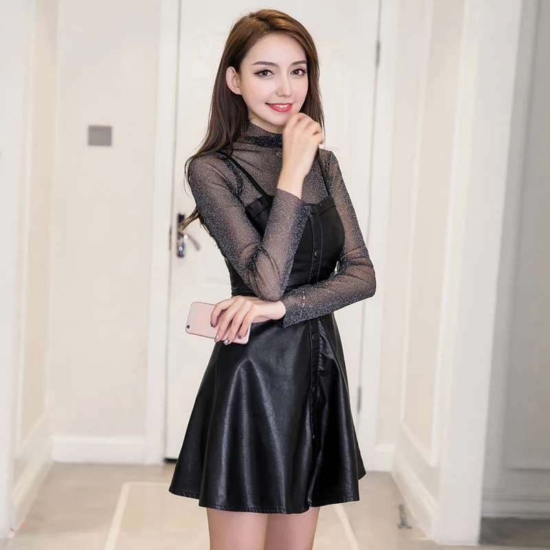 

2018 spring and summer new style night shop women's sexy perspective two sets of Pu waist thin A word dress