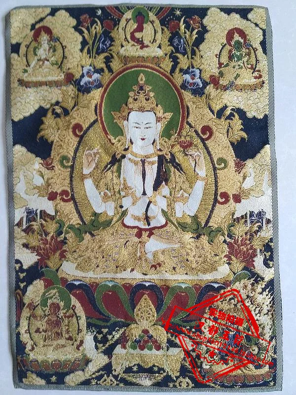 

36 inch Tibet Silk embroidery Nepal 4 arm guanyin portrait Buddha Tangka Thangka Paintings family wall decorated the mural