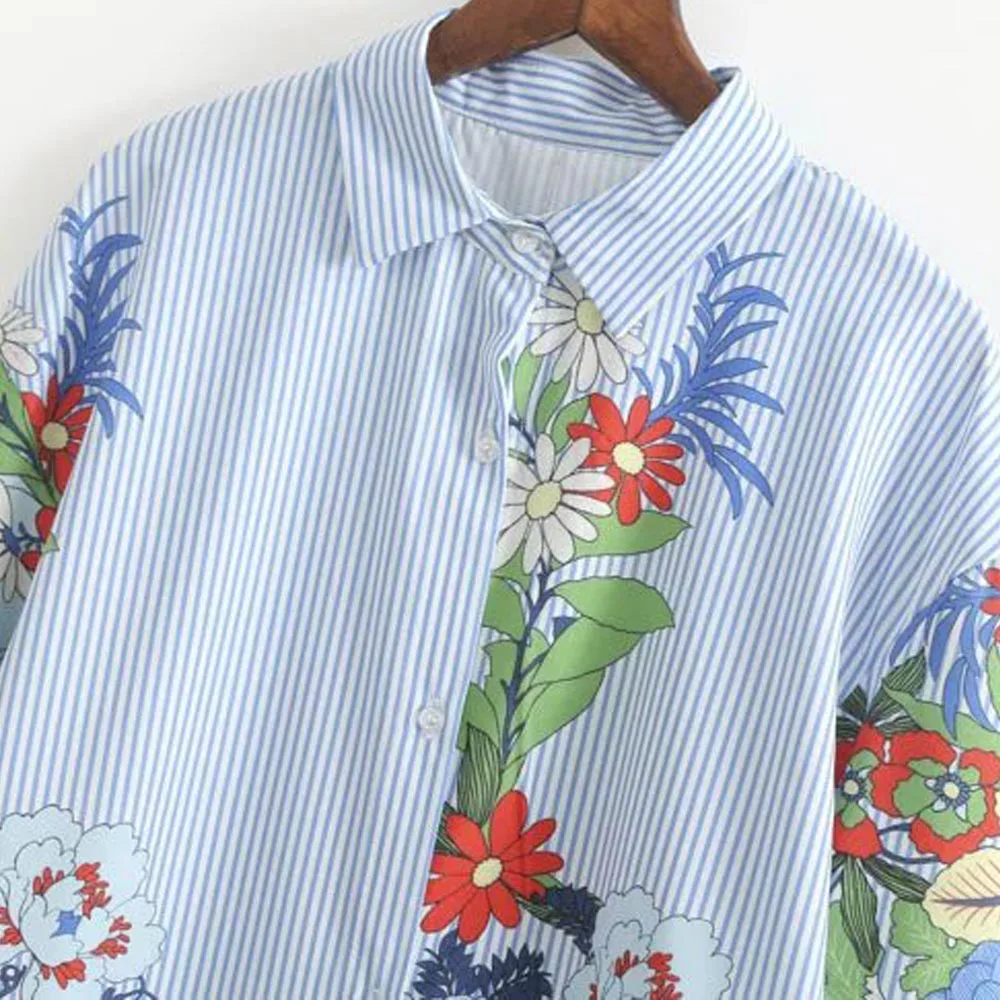 Oversized Vintage Striped Floral Turn-down Collar Long Shirt 3/4 Sleeve Women Loose Blouse Side Split Tops Brand Streetwear | Женская