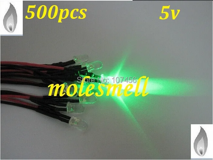 Free shipping 500pcs 5mm green Flicker 5V Pre-Wired Water Clear LED Leds Candle green Light 20CM