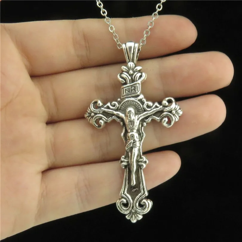 vintage silver color Q4A34 1" Серебряная цепочка, сплав, воротник, колье, ожерелье, цветок, крест Иисуса, кулон, религиозное ожерелье - Окраска металла: vintage silver color