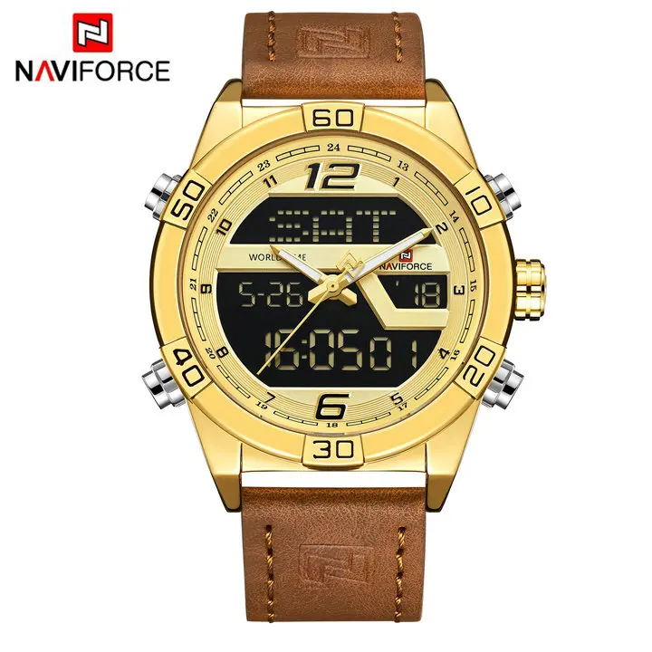 LIGHT BROWN GOLD NAVIFORCE кварцевые с двойным Циферблатом Часы Мужские Аналоговые цифровые часы модные синие мужские s часы брендовые роскошные кожаные Наручные часы водонепроницаемые - Цвет: LIGHT BROWN GOLD