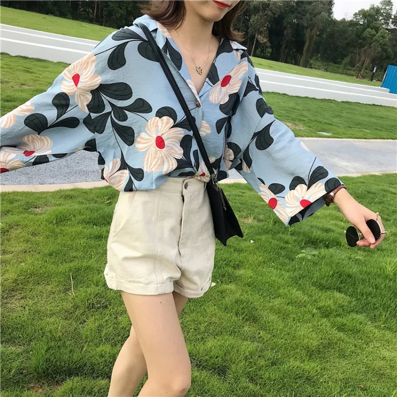 Women V-neck Flower Printed Loose Blouses Elegant Ladies Batwing Long Sleeve Fashion Casual Vacation Shirt Clothing |