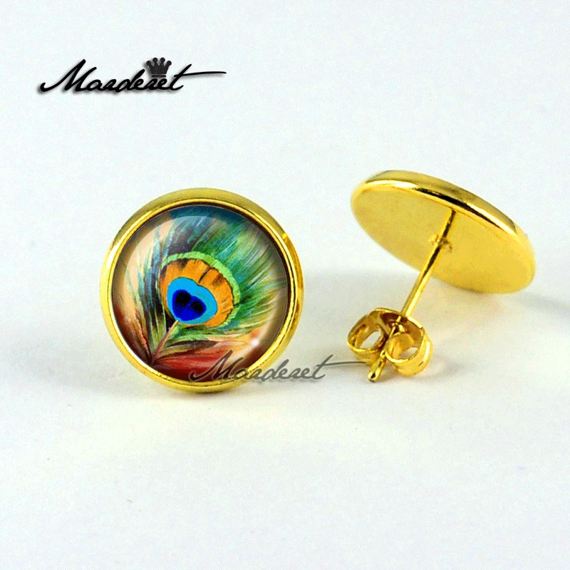 MARDERET Peacock Feather Glass Dome Stud Earrings Vintage Cabochon Back Earring Fashion Jewelry For Women | Украшения и