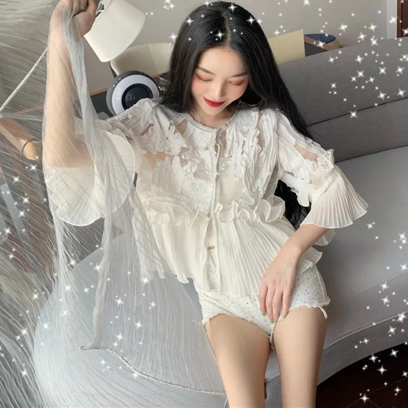 Kawaii peplum blouse tops ladies vintage pleated ruffle mesh patchwork chiffon shirt Casual summer | Женская одежда