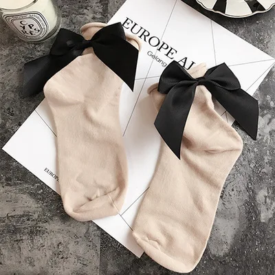 KhakiBlack Женские носки, хлопковые, японские, с большим бантом, одноцветные, Kerst Sokken, женские короткие милые носки, calcetines mujer, женские, x27s, рождественские носки - Цвет: KhakiBlack