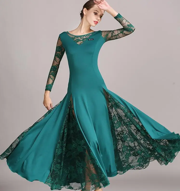 Peacock green Новое Кружевное бальное танцевальное платье для женщин с длинными рукавами, платья для танго и вальса, стандартное бальное платье черного/Красного/синего/зеленого цвета - Цвет: Peacock green