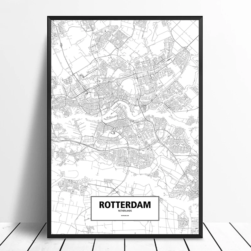 Rotterdam Netherlands Black White Custom World City Map Poster Canvas Print Nordic Style Wall Art Home Decor