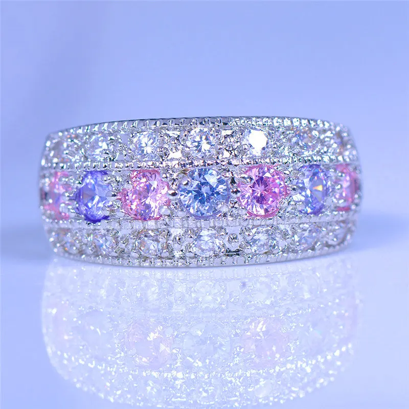 Pink Purple Женское кольцо с голубым камнем, кристалл, Круглый Циркон, кольцо на палец, милые свадебные украшения, 925 серебро, любовь, обручальное кольцо - Цвет основного камня: Pink Purple