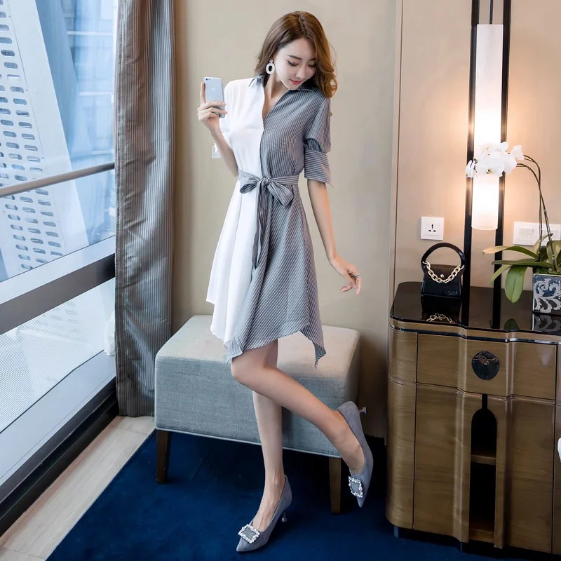 Women Patchwork Sashes Bow Asymmetrical Dress Turn Down Collar Half Sleeve Elegance High Waist Office Lady Shirt Dress D91904I