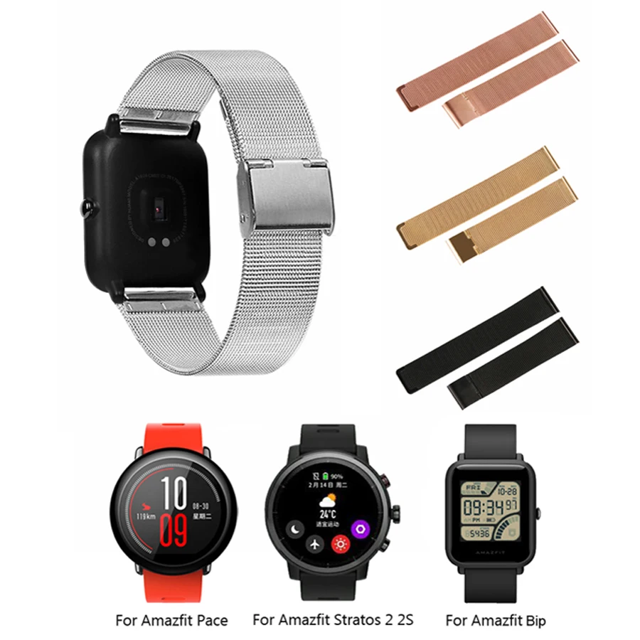 Металлический Миланский ремешок для Xiaomi Huami Amazfit Bip Watch Band 20 мм 22 мм браслет ремень для Amazfit Pace/Stratos 2 2 S/GTR 47 мм розовый