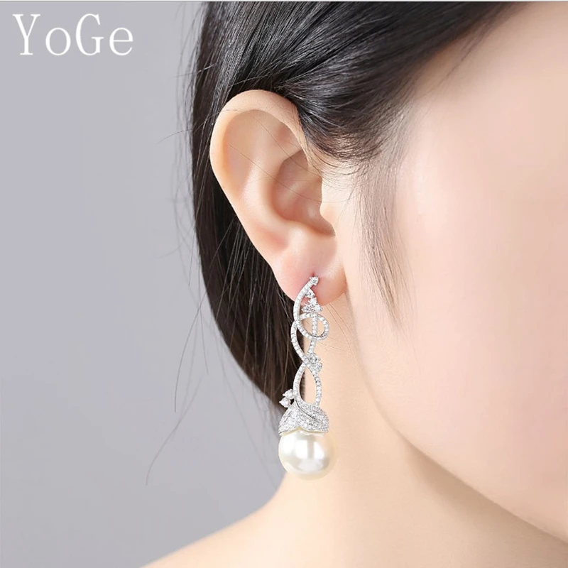 YoGe E5429 AAA CZ и имитация жемчуга лоза листья Длинные серьги гвоздики
