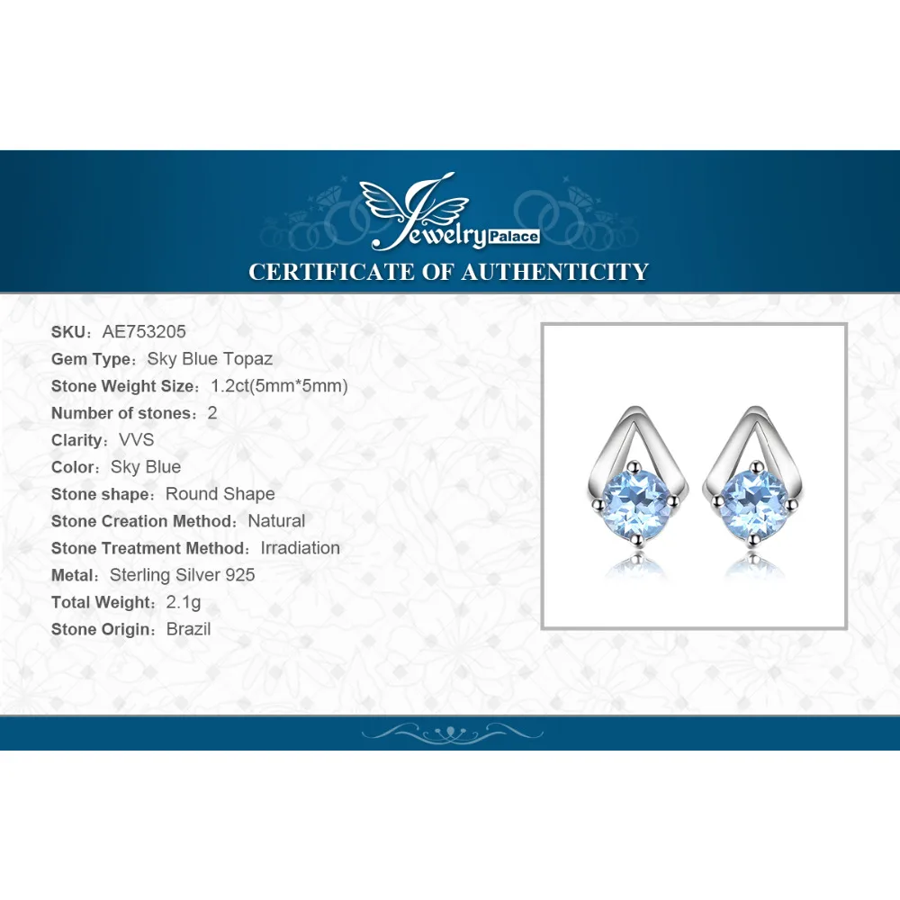 Jewelrypalace 1.2ct круглый природный Голубой топаз Серьги-гвоздики реальные 925 пробы серебро Мода Красивые ювелирные изделия для Для женщин