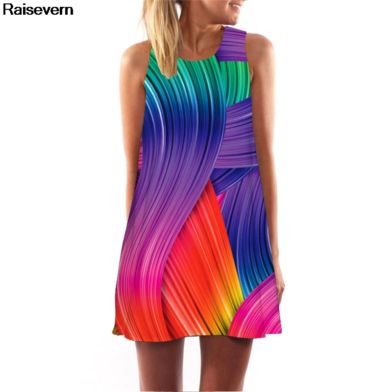 Разноцветное геометрическое летнее пляжное платье 2018 сексуальное без рукавов с